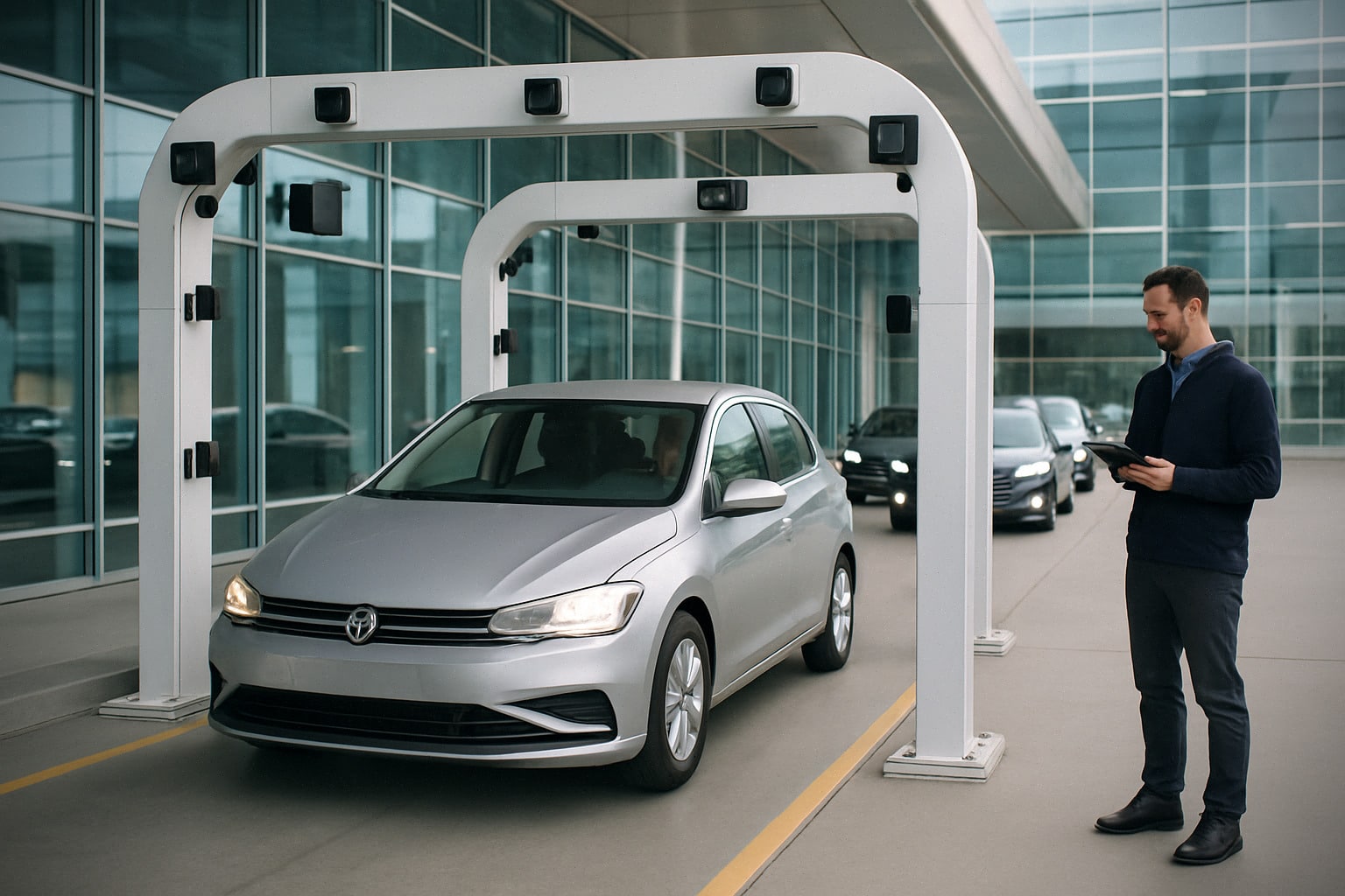 Portique automatisé contrôlant une voiture de location à l’aéroport
