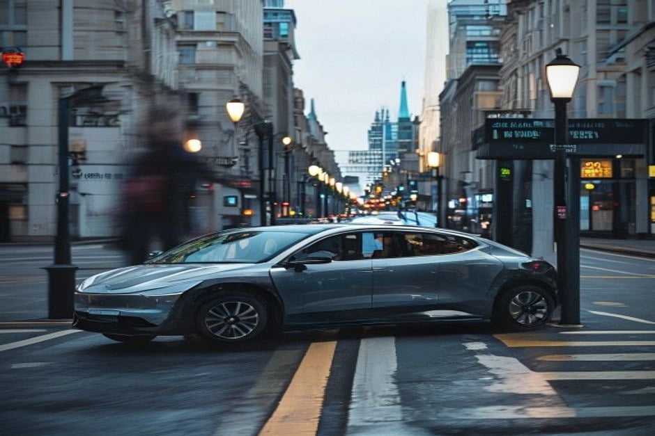 Voiture électrique circulant devant un contrôle routier urbain moderne