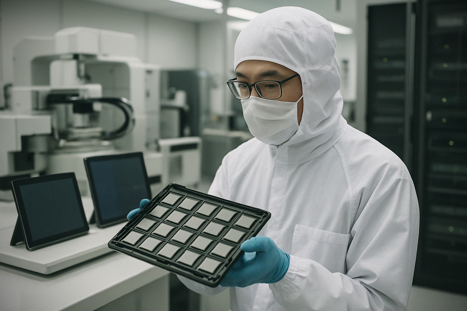 Ingénieur inspectant des puces IA dans un laboratoire de semi-conducteurs