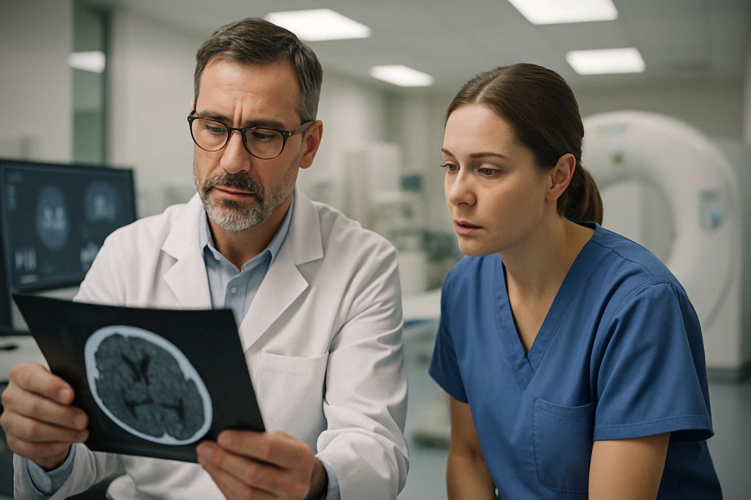 Radiologue utilisant un outil d’IA sous contrôle humain à l’hôpital