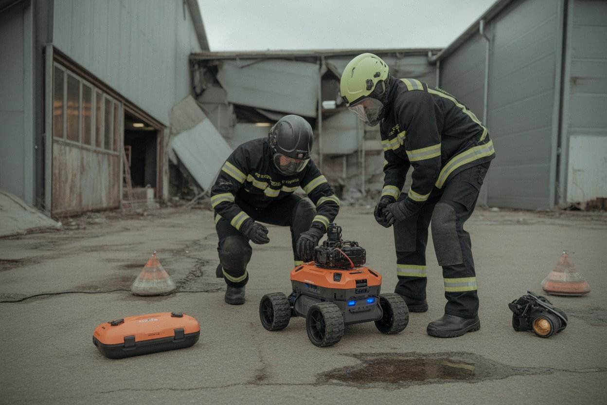 Robot de secours inspiré des rovers explorant une zone sinistrée
