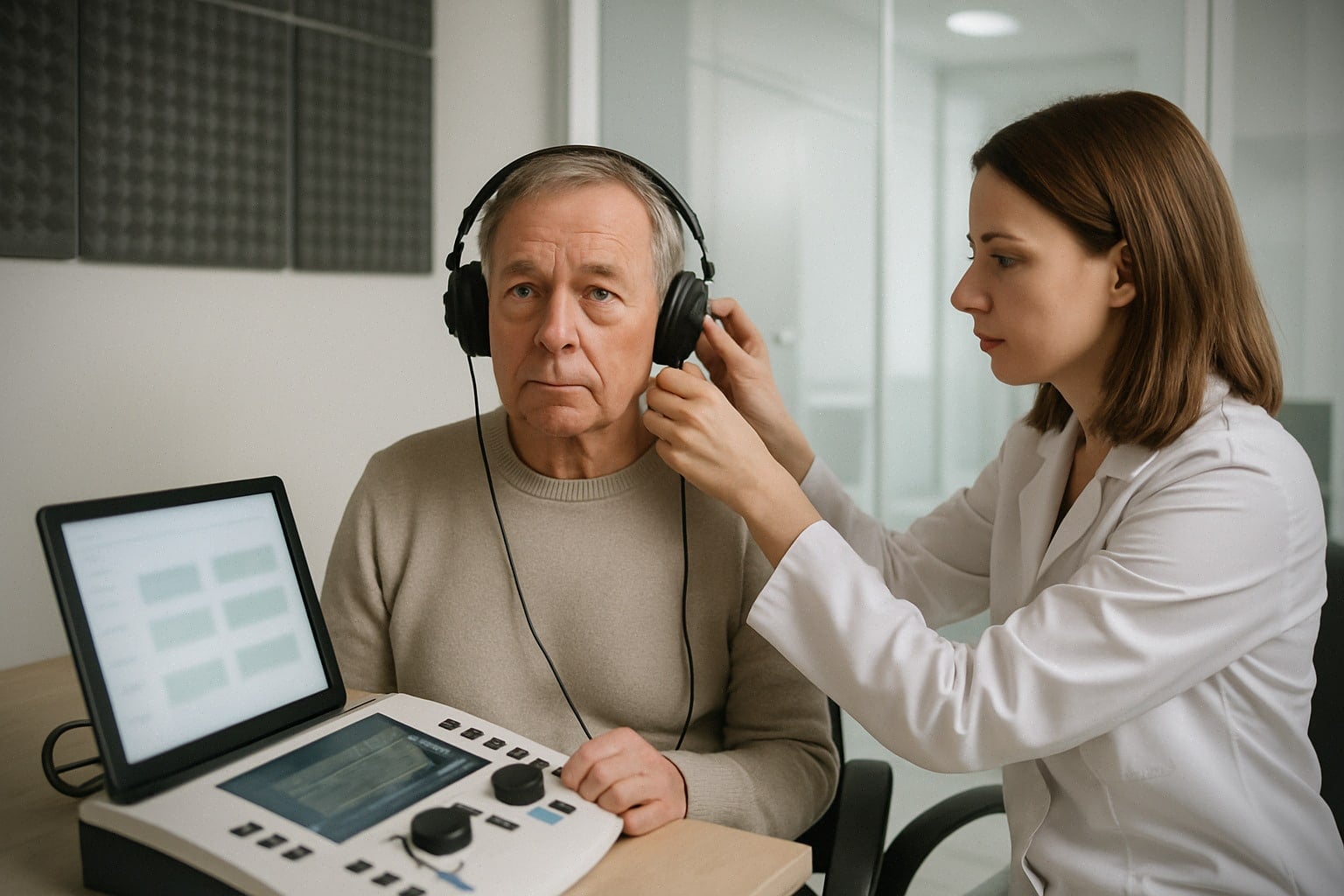 Audioprothésiste utilisant un outil numérique avec un patient âgé