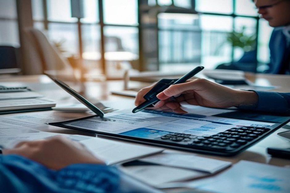 Analyste financier vérifiant une synthèse IA de rapports d'entreprise