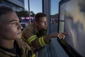 Pompiers surveillant un départ de feu avec intelligence artificielle