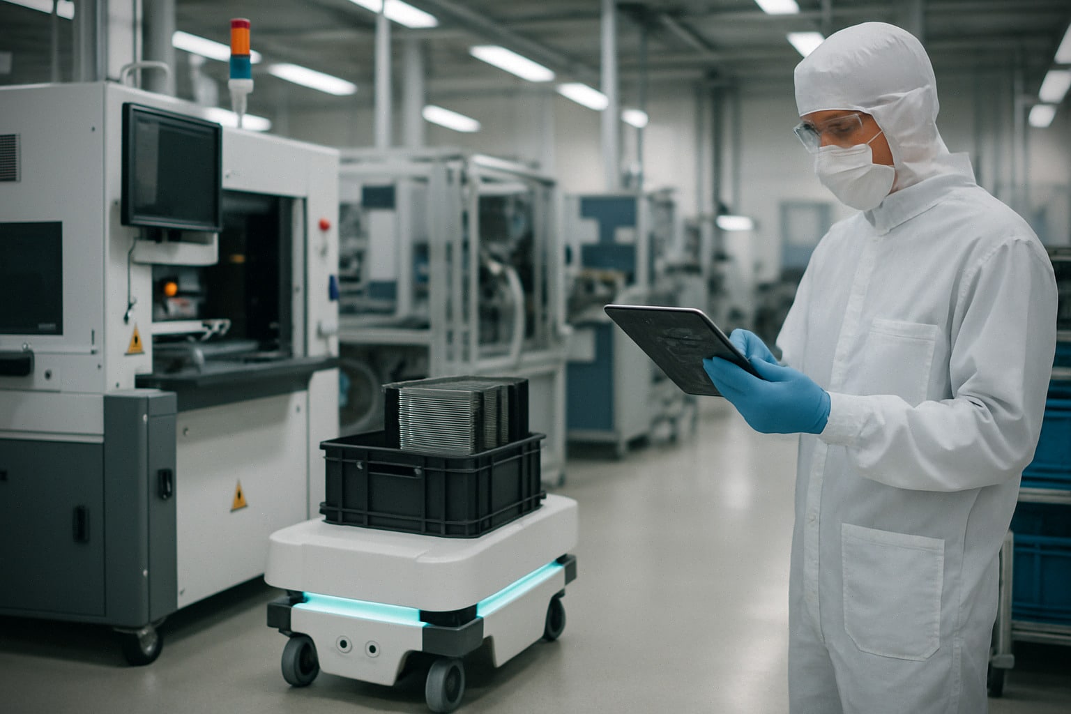 Robot autonome opérant près de composants dans une usine électronique moderne