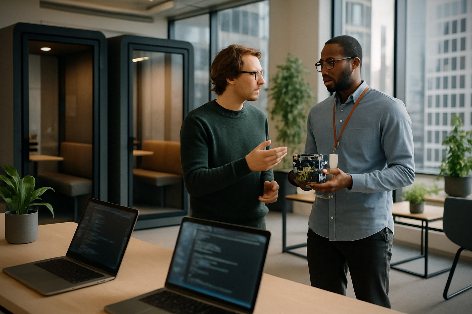 Équipe de start-up IA dans des bureaux premium contemporains