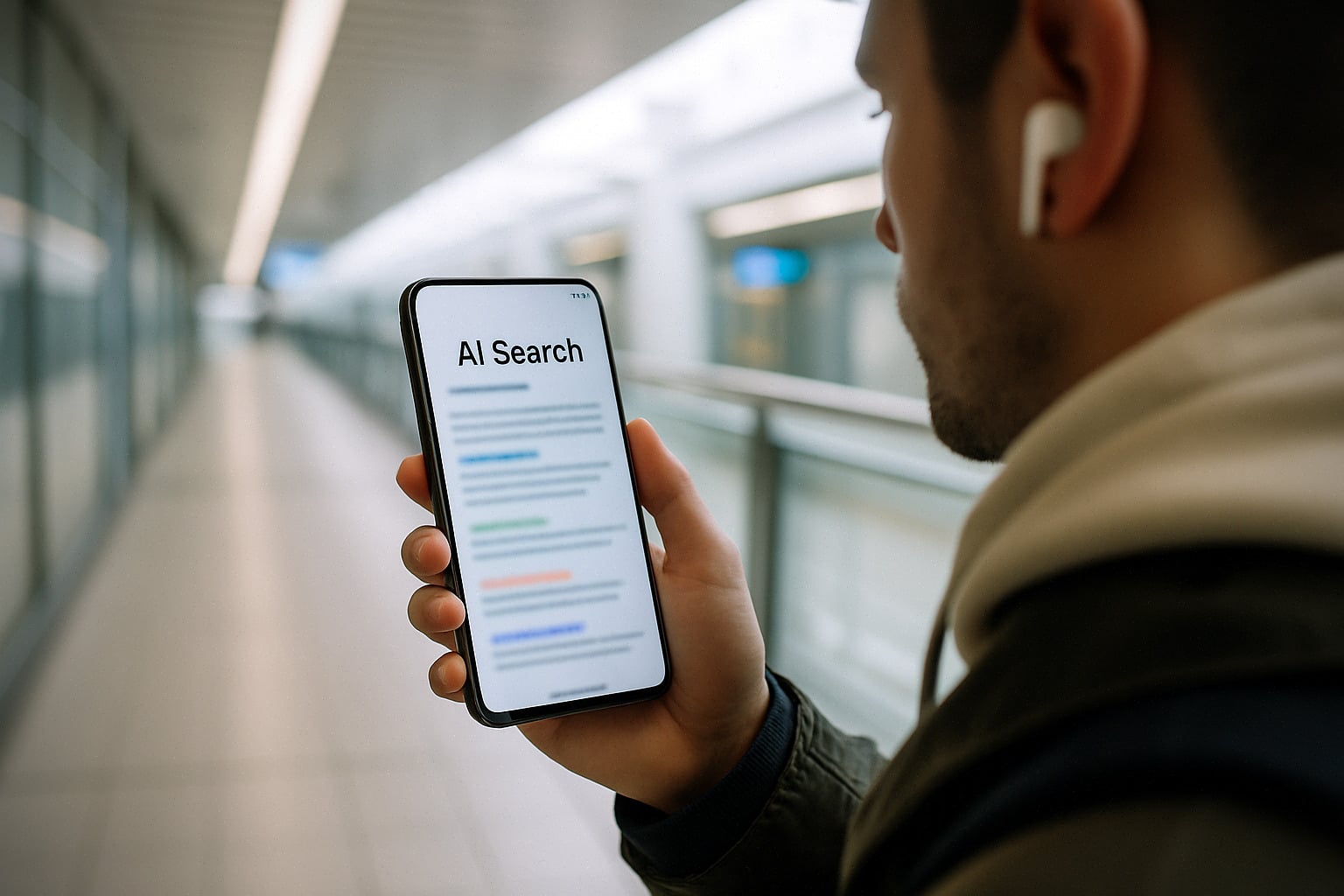 Recherche Google avec AI Overview affichée sur smartphone moderne