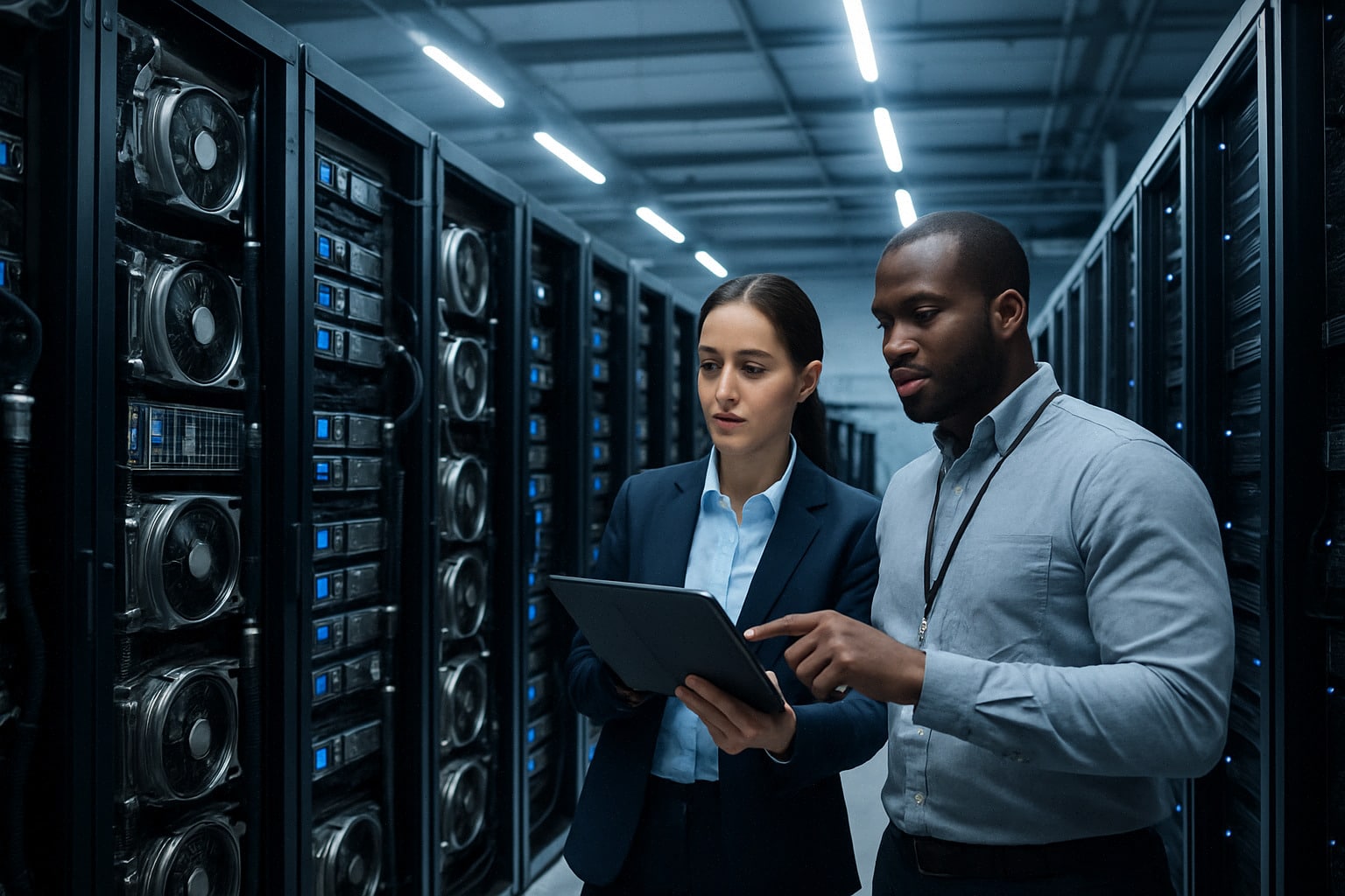Ingénieurs surveillant des serveurs pour l’intelligence artificielle européenne