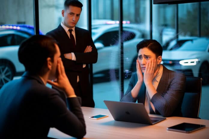 Employée face à une interface IA dédiée à l’intelligence sociale