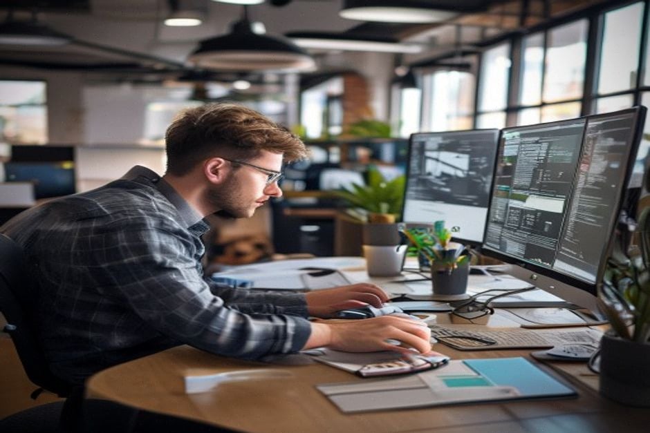 Développeur corrigeant du code dans un espace de travail moderne