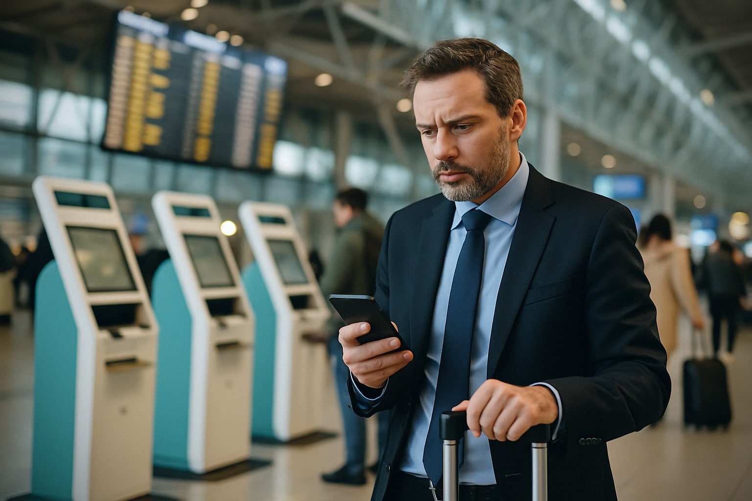 Voyageur comparant les prix de billets dans un terminal moderne