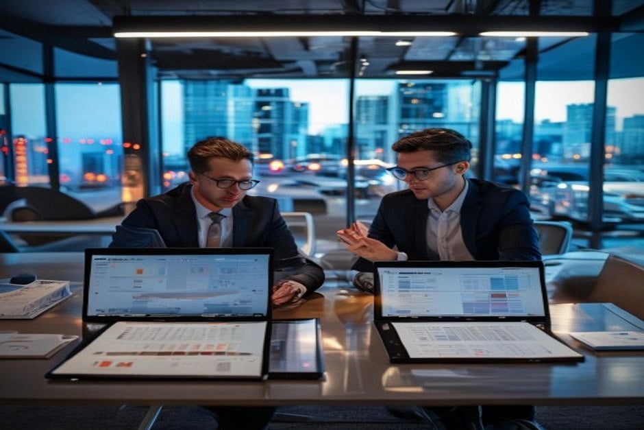 Analystes comparant des offres B2B avec grilles d’évaluation professionnelles