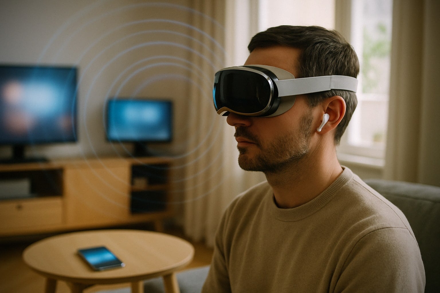 Utilisateur avec Vision Pro et écouteurs pour une expérience audio spatiale