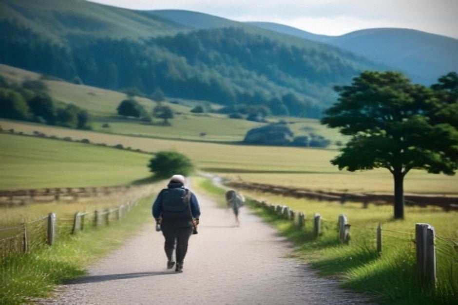 Marcheurs sur un chemin évoquant Compostelle et le mystère