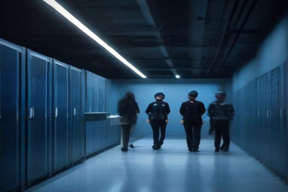 Ingénieurs surveillant les infrastructures IA dans un data center contemporain