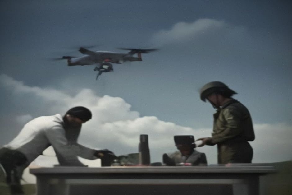 Techniciens sud-coréens préparant un drone militaire de reconnaissance tactique