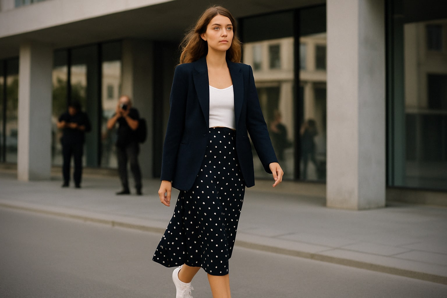 Jupe à pois noire portée avec blazer à Copenhague